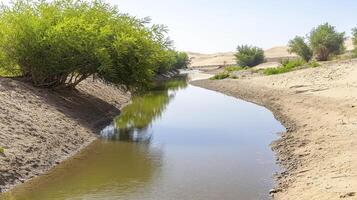 A serene river carves its path through an arid desert landscape, a testament to the resilience of nature Lush greenery flourishes along the riverbanks, creating a vibrant oasis teeming with life The photo
