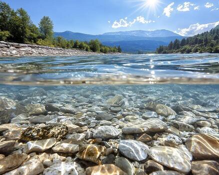 A serene turquoise river flows gently, its waters displaying exceptional clarity Sunlight pierces through the surface, illuminating the underwater world with dazzling patterns The riverbed is adorned photo