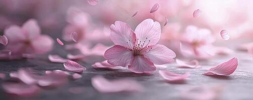 A serene vision unfolds with delicate cherry blossoms gracefully descending, their soft pink hues painting a dreamlike scene Each petal pirouettes in the air, a gentle ballet of nature's artistry The photo