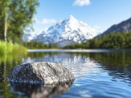 A serene vista unfolds, capturing the tranquil essence of a crystal-clear river Gentle ripples dance upon its surface, mirroring the majestic snow-capped mountains in the distance Lush greenery photo