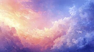 A serene vista unfolds, showcasing an ethereal ballet of fluffy white clouds gracefully drifting across a canvas of pastel-hued sky The dreamlike softness permeates the scene, evoking a sense of photo