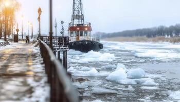A serene winter landscape unfolds as a wide river becomes the main stage for nature's glacial ballet Massive icebergs, sculpted by time and the elements, embark on their silent journey downstream photo
