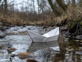 A simple paper boat, carefully folded and launched with a child's dreams, now journeys along a winding stream, carried by the gentle current and soft breeze Each ripple and eddy whispers tales of photo