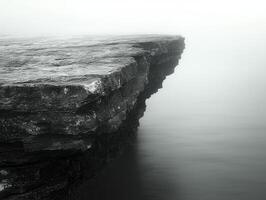 A solitary sentinel of stone stands firm against the ethereal embrace of the mist, its rugged face a testament to ages past Weathered and worn, it gazes into the infinite expanse, where sky and water photo