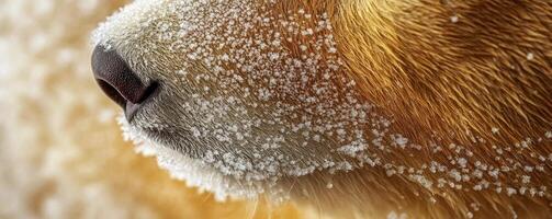 A stunning macro shot showcases the mesmerizing details of a polar bear's fur, each strand delicately adorned with a crystalline layer of frost The intricate patterns of ice sparkle under the light photo
