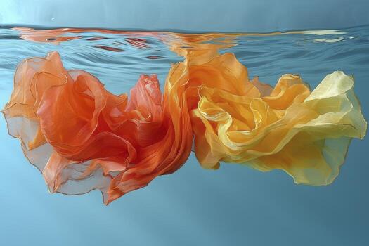 A tranquil dance unfolds beneath the surface, where ribbons of silk, imbued with vibrant hues, sway in unison with the rhythm of deep breaths Orange and yellow intertwine, mirroring the ebb and flow photo