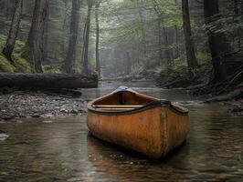 A tranquil forest scene unfolds, showcasing a serene stream gently flowing through the heart of the woods A lone canoe rests peacefully on the water's surface, its presence hinting at quiet photo