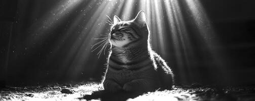 A tranquil scene unfolds as a feline friend luxuriates within the radiant embrace of a sunbeam, its body gracefully curled into a position of sublime contentment The cat's gentle breaths rise and photo