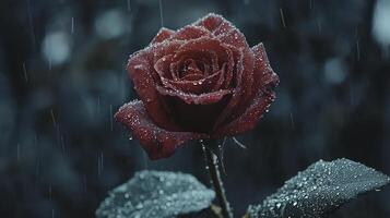 A velvety red rose, unfurling its petals in a passionate display, adorned with glistening dewdrops that catch the light like tiny diamonds, whispers of romance fill the air, an invitation to lose photo
