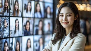 A vibrant depiction showcases smiling professionals connected through a cutting-edge call, highlighting the power of global collaboration in the digital age The futuristic user interface photo