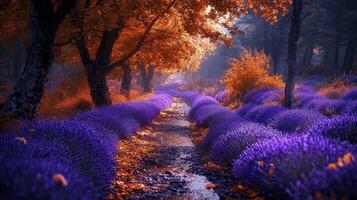 A vibrant stream meanders through a landscape where nature's palette explodes with contrasting hues Purple lavender fields extend like a fragrant carpet, their vivid color juxtaposed against the photo