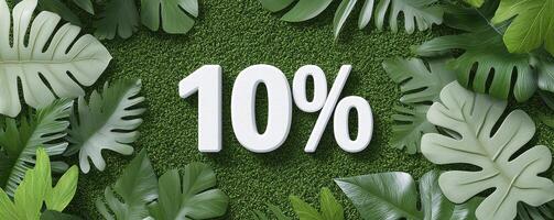 A vibrant digital artwork bursts with the promise of a special promotion, showcasing a bold declaration of a ten percent discount Lush green leaves and a vibrant turf background create a natural yet photo