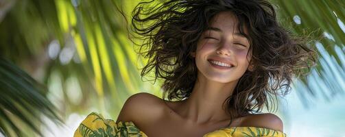 A vision of youthful exuberance unfolds as a young woman, radiant and full of life, is captured in a moment of pure joy, her face turned toward the sun, a cascade of laughter bubbling within her as photo