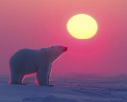 Against a canvas painted with the fiery hues of dawn, a polar bear stands, a majestic silhouette against the Arctic's frozen heart The sun, a molten orb, casts its ethereal glow, illuminating the icy photo