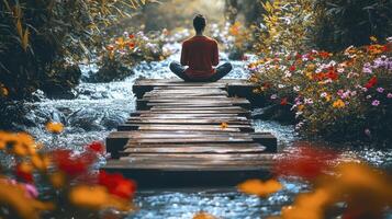 Amidst a vibrant tapestry of nature, a solitary figure finds solace upon a weathered wooden bridge, their form poised in serene meditation The gentle murmur of a flower-strewn stream accompanies photo