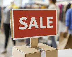 Amidst the retail landscape, a vivid red sale sign stands prominently, beckoning shoppers with the promise of savings Mounted atop a sturdy cardboard box, the sign declares the event, SALE, in bold photo