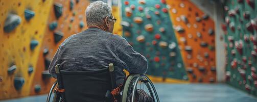 An elderly man in a wheelchair faces a brightly colored indoor rock climbing wall He wears glasses and a gray sweater The wall is divided into sections with various colored climbing holds This image photo