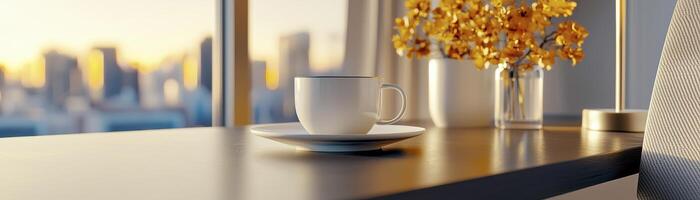 An exquisite cup of coffee rests gracefully upon a sleek, dark table, its delicate saucer barely visible beneath The scene unfolds against the backdrop of a sun-kissed cityscape, framed perfectly by photo