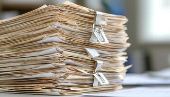 An overwhelming stack of paper documents towers high, a testament to the endless administrative burdens and the weight of information overload in the modern office Each page whispers tales of photo