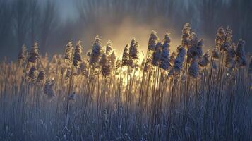 As the first light of dawn delicately kisses the horizon, a serene and ethereal scene unfolds Wisps of mist dance and swirl, creating a veil of mystery that shrouds the landscape Tall, slender reeds photo