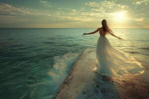 Bathed in the golden embrace of a setting sun, a woman stands poised at the edge of a weathered pier Her arms outstretched, she welcomes the gentle caress of the ocean breeze, a whisper of freedom photo