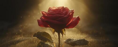Bathed in ethereal golden sunlight, a velvety deep pink rose unfolds its delicate petals, adorned with shimmering droplets of fresh morning mist The soft light illuminates the intricate texture of photo
