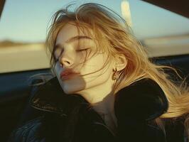 Bathed in the warm glow of the setting sun, a young woman surrenders to the wind's embrace, her face tilted upwards, eyes gently closed, lost in a moment of pure, unadulterated joy She leans photo