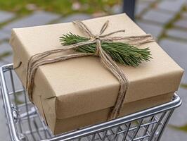 Behold, a miniature shopping cart, not teeming with groceries or bustling with consumer goods, but cradling a singular, significant gift A symbol perhaps, of mindful giving, of quality over quantity photo