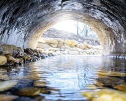 Beneath the ancient stone archway, a pristine river glides, its crystalline waters mirroring the timeless ruins above Reflections dance on the surface, whispering tales of bygone eras and echoing photo