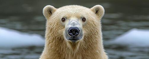 Captured in a close-up, a polar bear exemplifies Arctic survival, blending seamlessly into the frigid landscape The majestic creature's pristine white fur acts as exceptional camouflage against the photo