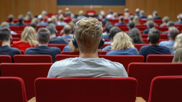Captivating image showcasing a person wearing an interpreter headset in a conference setting The focus is on the headset and the individual's engagement with the event The scene captures the essence photo