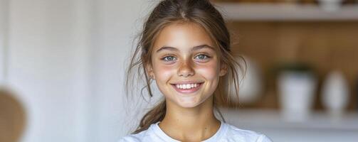 Captured in a cheerful close-up, the young girl's radiant smile illuminates the frame, her bright eyes sparkling with youthful energy and a hint of mischievousness With a natural glow and tousled photo