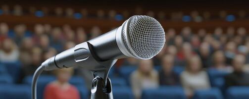 Captured in a close-up shot, a microphone stands poised, ready to amplify voices and deliver powerful messages to a waiting audience Its sleek design and reflective surface draw the eye, highlighting photo