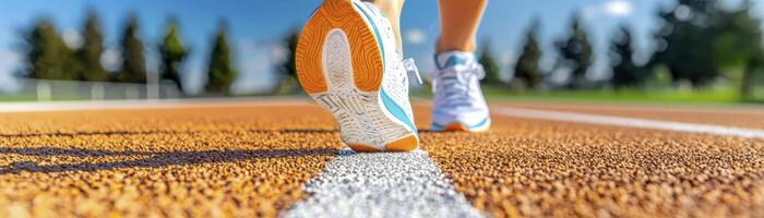 Captured in a dynamic close-up, a female runner's legs propel her forward on a track, showcasing the power and grace of athletic motion The blurred background hints at speed and determination, while photo