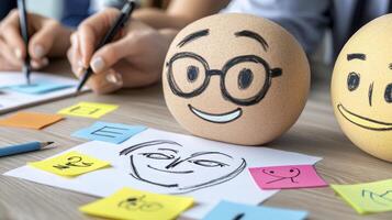 Captured in a vibrant close-up, a group engages in collaborative creation, their hands deftly moving across surfaces The focal point lies on an illustrated egg, playfully adorned with glasses and a photo