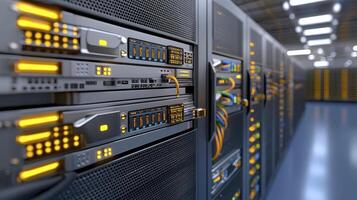 Delving into the heart of digital infrastructure, this close-up view of a secure data center unveils the intricate network that underpins our modern world Rows of servers stand tall, their blinking photo