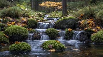 Enchanting scene unveils tiny cascading waterfalls gracefully flowing along a serene forest stream The water dances over mossy rocks, creating a mesmerizing display of motion and energy amidst the photo