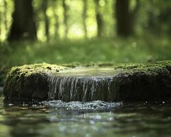 Envision a tranquil forest scene, where a miniature stream gracefully meanders, its gentle currents cascading over stones adorned with vibrant moss The scene exudes a sense of peace and tranquility photo