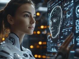 Envisioning a future where business transcends physical boundaries, this scene depicts a 3D holographic meeting facilitated by AI-powered chatbots Participants from across the globe engage photo