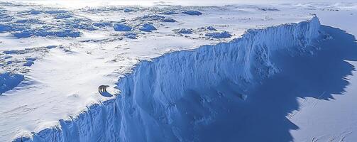 From a breathtaking aerial perspective, a solitary polar bear is diminished by the grandeur of an immense, icy terrain This stark contrast underscores the bear's isolation within the vastness of the photo