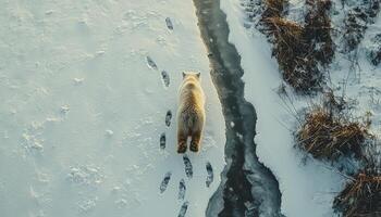 From a bird's-eye perspective, witness the isolated journey of a polar bear as it navigates a frigid river, locked in the embrace of winter's icy grip, in the untouched expanse of the Arctic photo