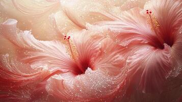 Glistening gently, the soft pink hibiscus petals unfurl, cradling tiny spheres of morning dew Each droplet, a miniature prism, refracts the nascent sunlight, casting delicate rainbows across the photo