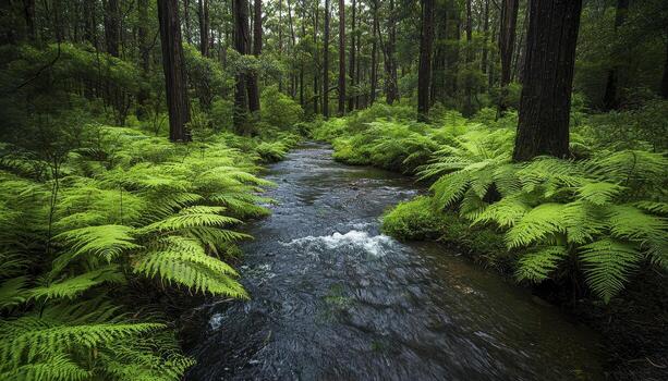 Imagine a gentle symphony of nature, where the melody is composed by the soothing whispers of a tranquil forest stream Crystal-clear water dances playfully over smooth, moss-covered stones, creating photo