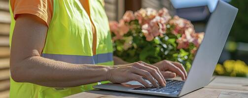 Here is an image depicting an individual in a bright safety vest, likely a warehouse worker or someone in a similar role, working on a laptop outdoors The scene is set on a wooden surface, with a photo