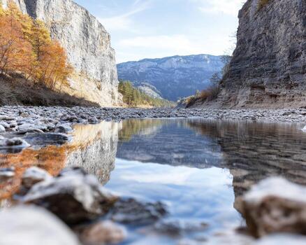 Imagine a hidden oasis, where time slows and the world fades away Crystal waters reflect the sky, mirroring clouds and sunlight dancing on the surface The river winds gracefully through towering photo