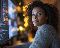 Imagine a home office transformed into a cutting-edge digital hub, where sleek holographic displays float effortlessly, casting a soft, ambient glow across the room A dedicated professional sits photo