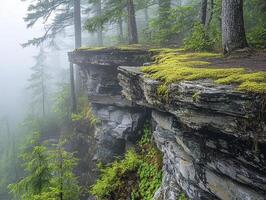 Imagine stepping into a world where the veil of mist obscures the ancient face of time, where eroded rock formations stand as silent sentinels, their rugged textures softened by the embrace of the photo