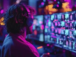 Immerse yourself in the future of communication with this captivating conference screen Each participant is uniquely framed within vibrant, futuristic neon borders, creating a visually stunning photo