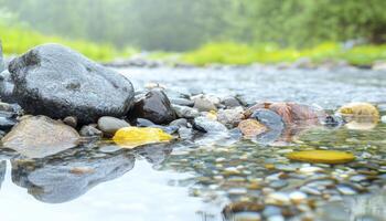 Immerse yourself in the tranquil embrace of nature's serenity, where a pristine river flows with an enchanting clarity The water is so pure and undisturbed, it mirrors the sky above with breathtaking photo