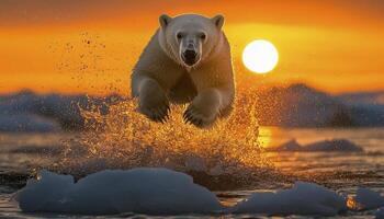 In a breathtaking display of Arctic prowess, a majestic polar bear defies the frigid waters as it leaps between glistening icebergs Bathed in the warm glow of a dramatic Arctic sunset, the powerful photo